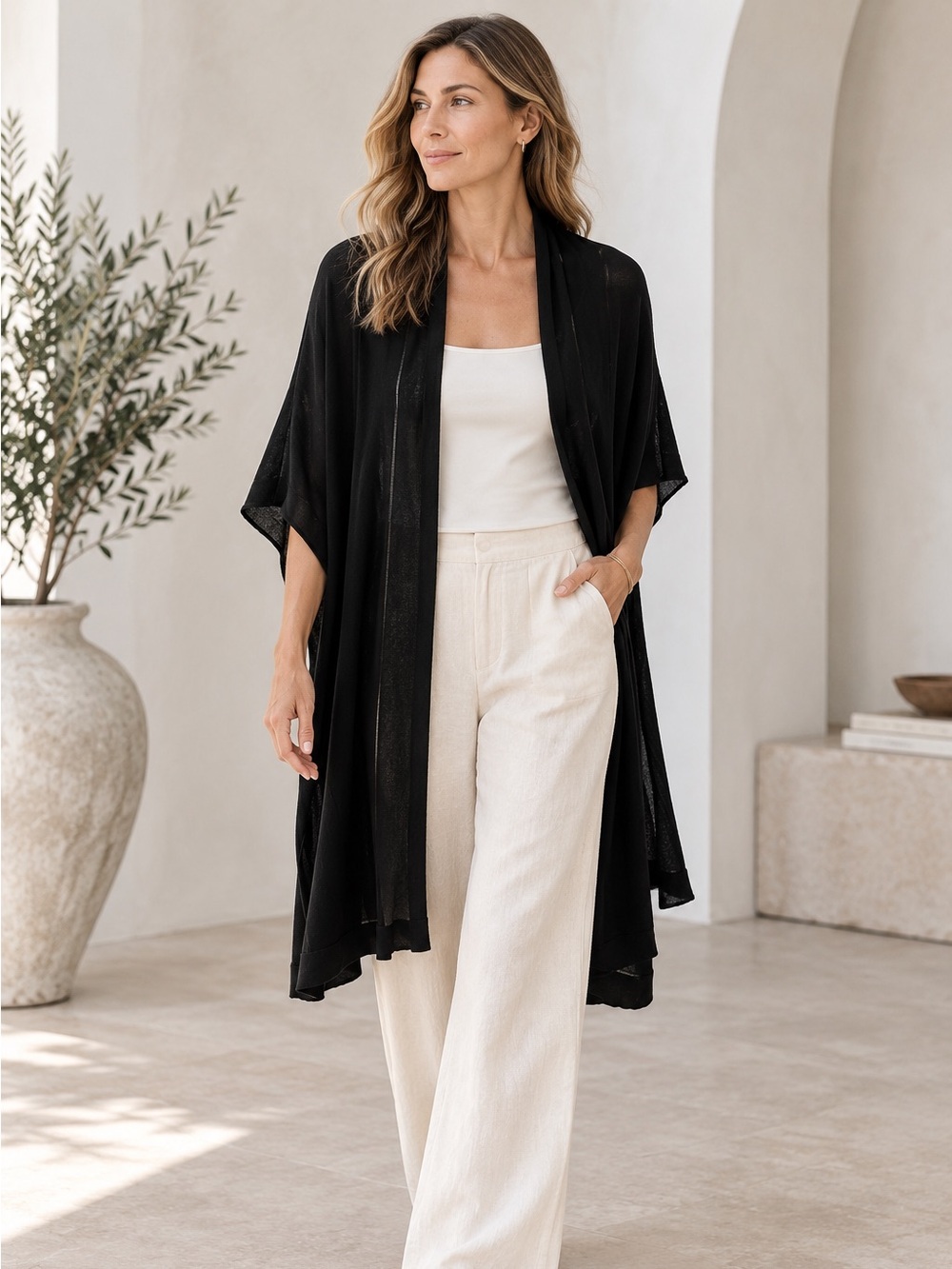 Black Cashmere Linen Silk Look Sheer Knit Kimono Cape Cardigan Shawl AS IS M